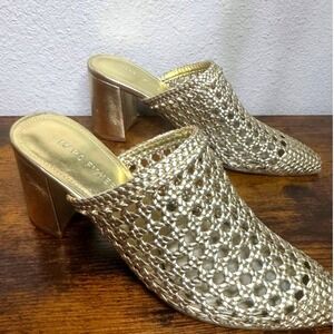 MARC FISHER Gold Woven Mesh Mule Heels Sz 7.5 Pointed Pumps Chunky Block Heel